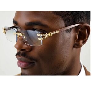 Rimless Sunglasses‎ Men Gold Clear Lens Wood Grain Arm Fashion Eyewear Rap Music